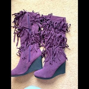 Plum purple wedge fringe boots